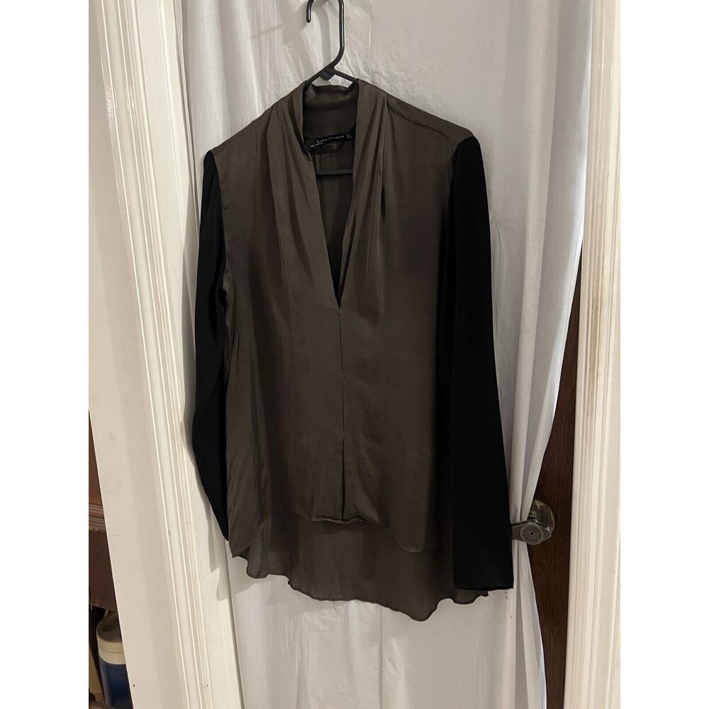 Zara Woman Green Black Silk Blend Tunic Semi Sheer Sz L